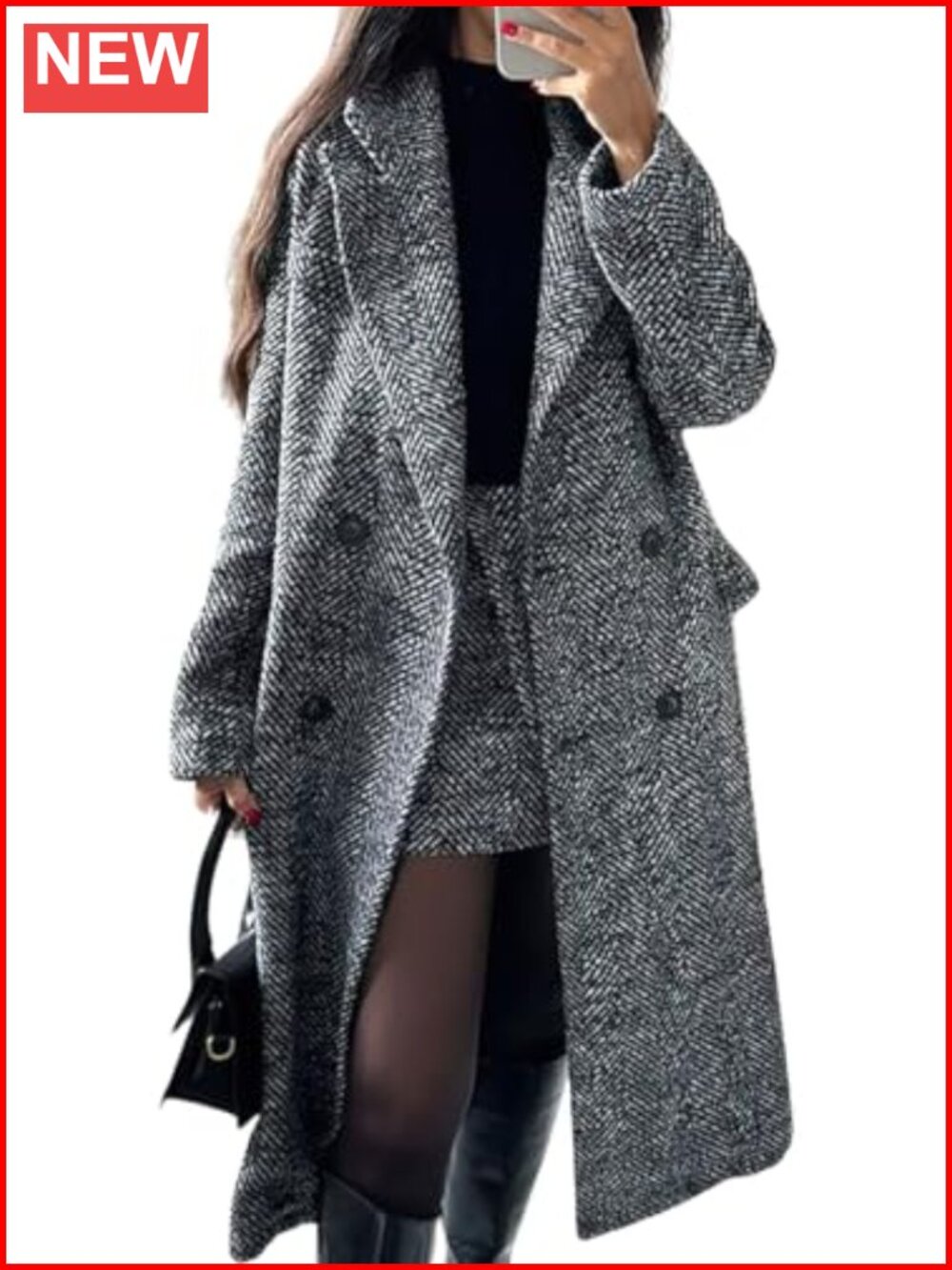 Women's Herringbone Wool Coat Double Breasted Notch Collar Long Trench